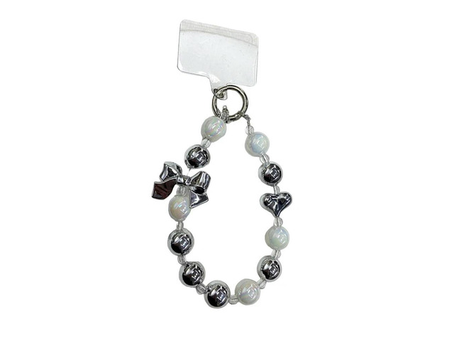 1pc Y2K Silver Bow Beaded Phone Case Lanyard - Stylish Bead Phone Chain Wrist Band Anti-Lost Earphone Pendant Keychain Accessory