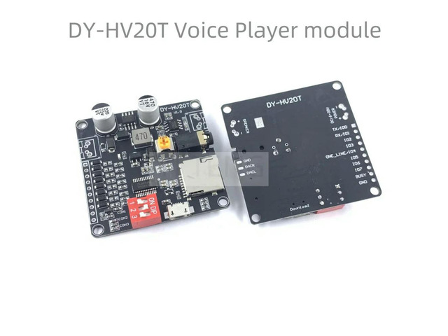 The DY-HV20T voice playback module, MP3 decoding board, UART serial port control, IO trigger, USB download flash