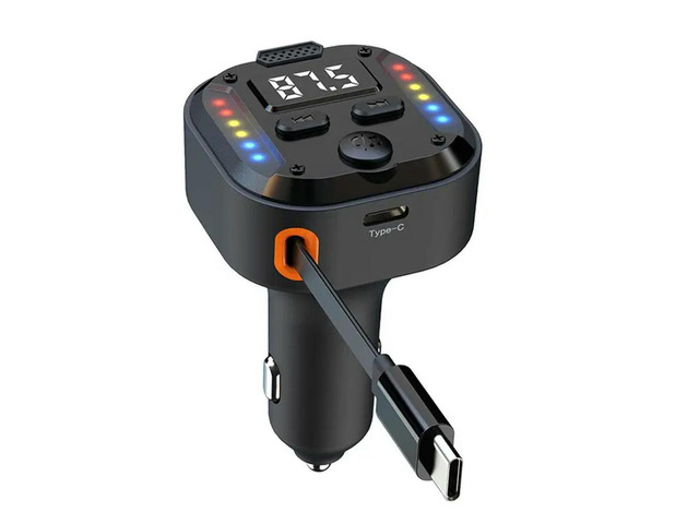 FM Transmitter Bluetooth 5.3 With Dual Type-C PD30W& QC3.0 Fast Charging Retractable Cable For Phones Handsfree