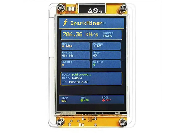 Spark Miner BTC Solo Mining Machine 2.8' Display 2X Faster Nerdminer 700Kh/S+ Case Bitcoin Crypto Lottery Sparkminer