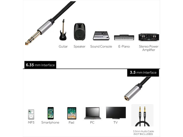 Audio Adapter 6.35mm 1/4 Male to 3.5mm 1/8 Female Stereo Jack for Amplifiers, Guitar, Keyboard Piano, Home Theater 30CM