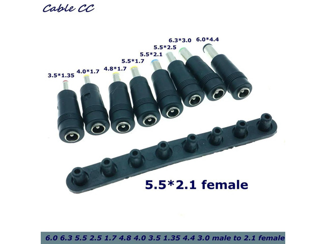8PCS/ DC 5.5X2.1mm Female Jack Plug Adapter Connectors to 6.3 6.0 5.5 4.8 4.0 3.5mm 2.5 2.1 1.7 1.35mm Male Tips Power Adaptor