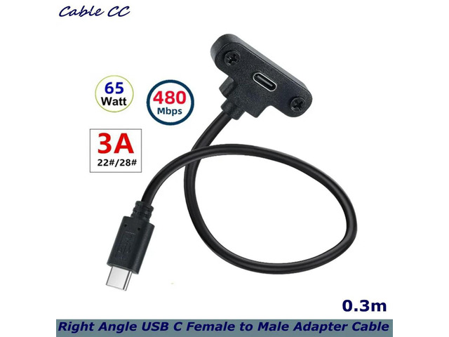 Right Angle USB C Female to Male Adapter Cable, Type C Panel Mount for Laptop, Tablet and Mobile Phones