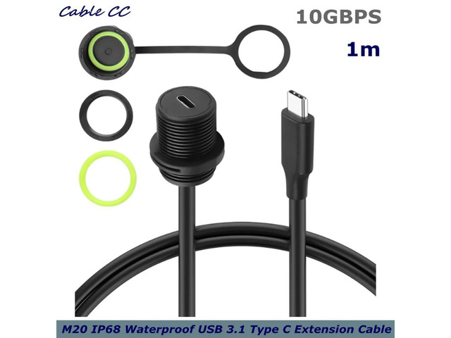 USB C to USB C Threaded Mount IP68 Waterproof Cable, USB Type C 3.1 Male to Female Panel Mount Extension Cable (1M)