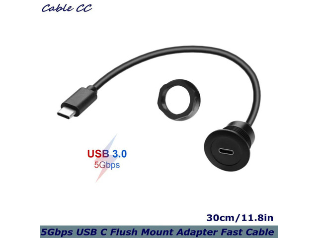 5Gbps USB C Flush Mount Adapter Fast Charging Short Cable Type C 3.0 Male to Female Threaded Fixed Mount Connector Cable, 30cm