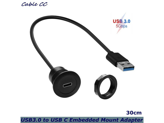 USB3.0 Male to Type C Female Threaded Fixed Panel Mount Connector Cable 5V/3A Charging, for Car Dashboard Desktop, 30cm/11.8in