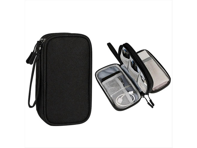 Double-Deck Bag for Digital Products-Travel Organizer for USB Cables, Headsets & Accessories Black