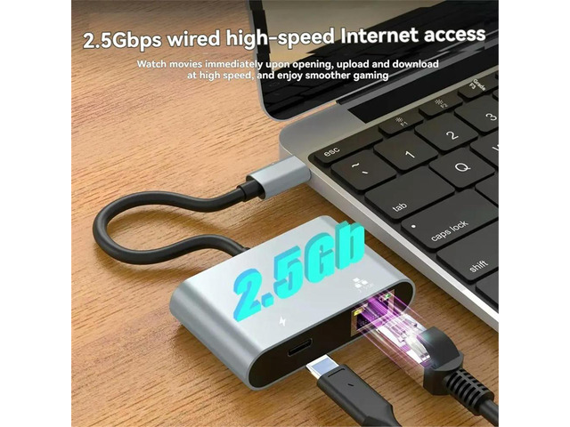 2.5Gbps Network Card Type C to Ethernet Adapter 2500Mbps Gigabit LAN Adapter Support PD100W Charging for Laptop Computer