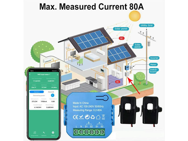Tuya Meter Bidirectional with Transformer Clamp App Monitor Power 80A Support Alarm 2 Channels - 2CT