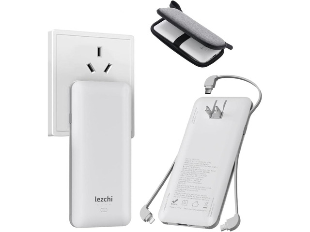 Portable Power Bank, Ultra Slim 10000mAh Portable Charger, USB C External Battery Pack with Built-in AC Plug, Charging Cable, Output Port,...