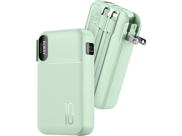 RORRY Portable Charger Built in Cables, AC Wall Plug In Portable Charger Power Bank 10000mAh Travel Battery Pack 22.5W Fast Charging for iPhone...