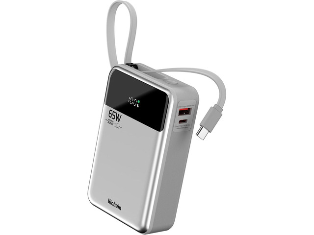 Hichain Laptop Power Bank 65W 20000mAh Portable Charger with Built-in USB-C Cable, 3-Port Fast Charging Battery Pack for MacBook iPhone 17 16/15...