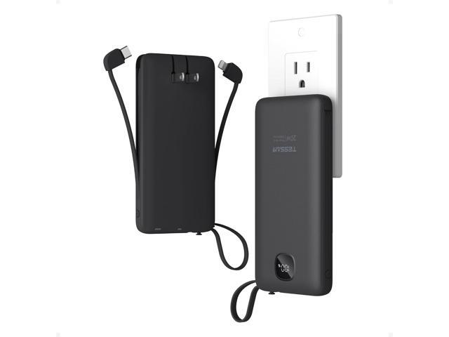 TESSAN Portable Charger with Built in Cables, 10000mAh Power Bank Fast Charging with Foldable AC Plug, PD20W Compact Battery Pack Travel Essentials...