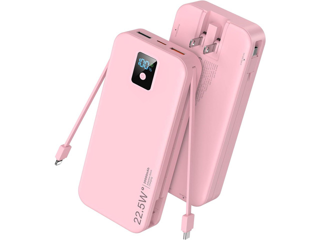 Portable Charger, 20000mAh 22.5W Fast Charging Power Bank with Built-in Cables & Wall Plug, Travel Essentials Battery Pack with LED Display, USB C...