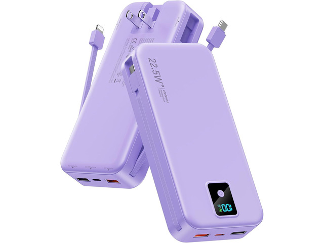 Portable Charger, 20000mAh 22.5W Fast Charging Power Bank with Built-in Cables & Wall Plug, Travel Essentials Battery Pack with LED Display, USB C...