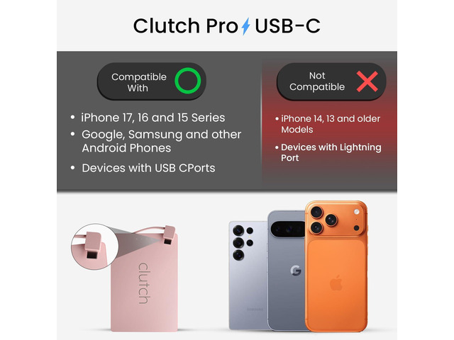 Clutch Pro World's Thinnest Portable Charger USB-C Power Bank 5000mAh Magnetic Built-in Cable TSA Approved Travel Charger iPhone 15/16/17 &...
