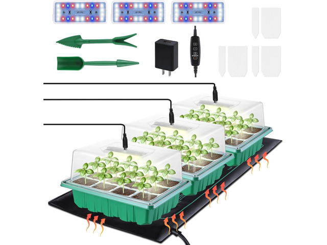 3-Pack Seed Starter Trays with Heat Mat, Seed Starter Kit with Grow Lights, 36 Large Cells Seed Germination Kit with Adjustable Humidity Vents for...