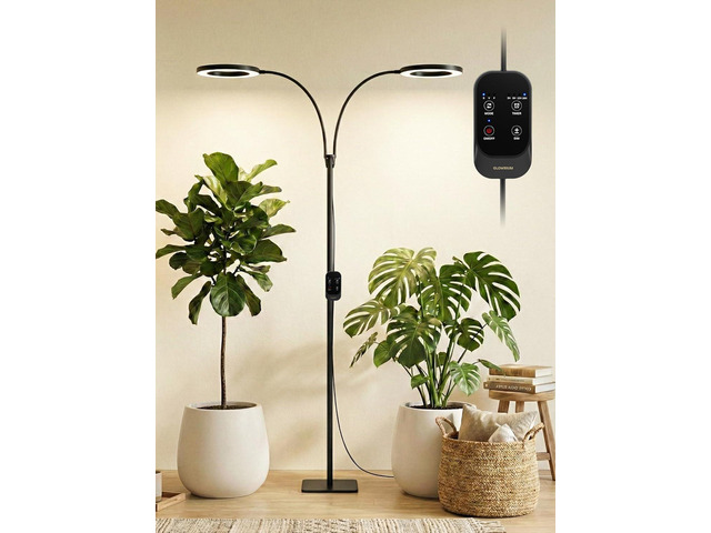 GLOWRIUM 48W LED Dual-Head Grow Light for Indoor Plants, 23.5-71' Adjustable Height, 3-Growing Full Spectrum for Tall Plant Light, 3/9/12/16H...