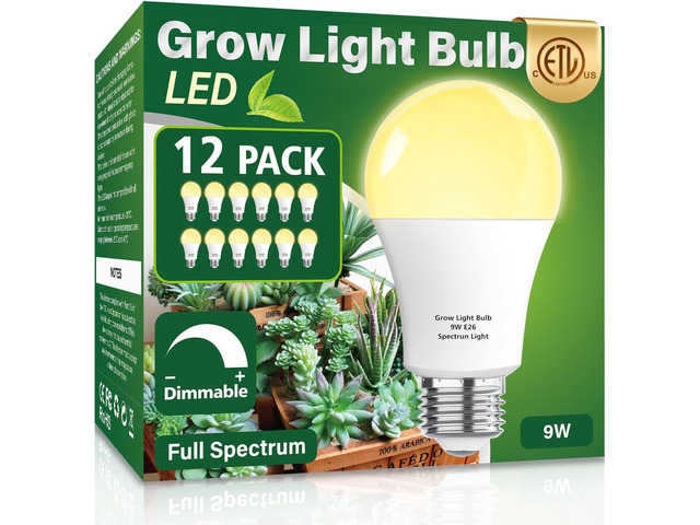 12 Pack Full Spectrum Grow Light Bulbs,A19 Grow Lights for Indoor Plants,Dimmable E26 9W Grow Bulb Replace up to 100W,Plant Lights for Indoor...