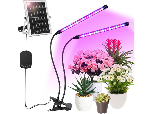 Solar Plant Grow Light with Battery Run Day/Night, 2 Heads 40 LED Clip On Full Spectrum Plant Light with 16.4FT Cable/USB Charging/Timer/Dimmable...