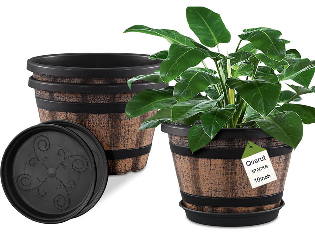 Quarut 3 Pack 10 inch Plant Pots,Whiskey Barrel Planters with Drainage Holes & Saucer, Plastic Decoration Flower Pots Imitation Wine Barrel Design,...