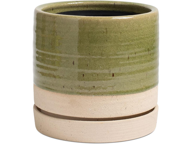 HERDUK 6 Inch Plant Pots, Ceramic Planter Pot with Drainage Hole & Saucer, Indoor/Outdoor Cylinder Round Planter Pot, Green & Beige