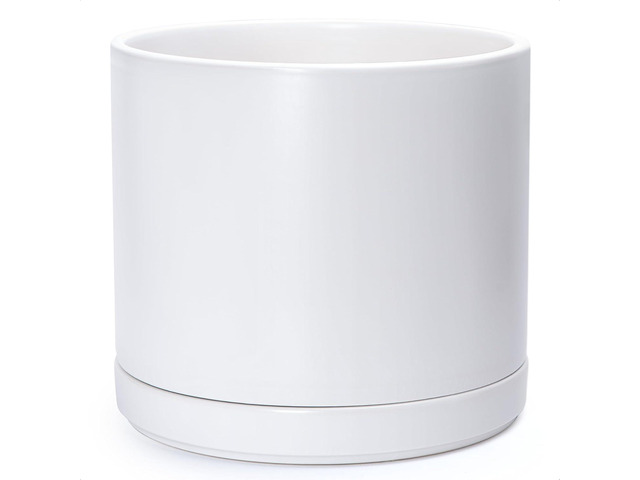 D'vine Dev 14 Inch Ceramic Planter Pot with Drainage Hole and Saucer, Indoor Cylinder Round Planter Pot, White, 94-O-G-1