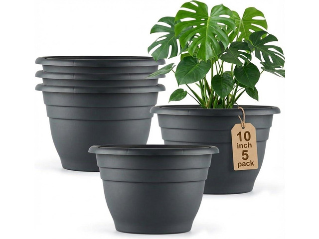 RooTrimmer 5 Pack 10 Inch Plant Pots for Indoor Outdoor,Plastic Floor Planters with Drainage Holes,Lightweight Flower Pots for Home,Patio &...