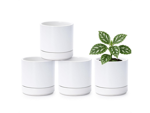 D'vine Dev Set of 4 Small Ceramic Plant Pots, 4.7 Inch Succulent Planter Pot for Plants with Drainage Hole and Saucer, White, 94-X-B-1