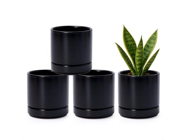D'vine Dev Set of 4 Small Ceramic Plant Pots, 4.7 Inch Succulent Planter Pot for Plants with Drainage Hole and Saucer, Black, 94-X-B-2