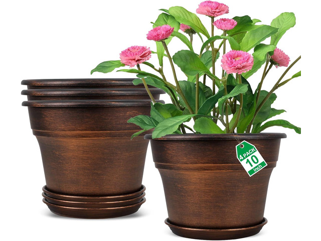 Fodetyff 10 Inch Planters Plant Pots Indoor Outdoor, 4 Pack Plastic Flower Pot for Indoor Plants with Drainage Holes & Trays, Resin Decorative...
