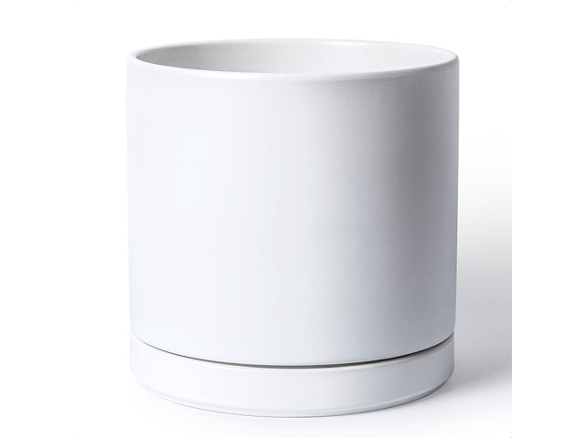D'vine Dev 12 Inch Ceramic Planter Pot with Drainage Hole and Saucer, Indoor Cylinder Round Planter Pot, White, 94-O-F-1