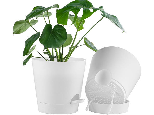 FaithLand 2-Pack 9 Inch Planter Pots for Indoor Outdoor Plants, Self Watering Flower Pots with Deep Reservoir, White