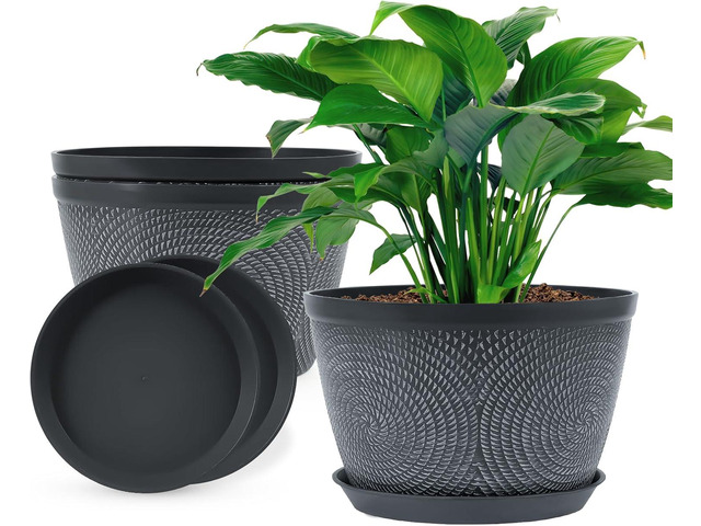 Quarut 10 Inch Flower Pots Planters for Outdoor Indoor, 3 Pack Plastic Plant Pots with Drainage Hole & Tray, Modern Decorative Garden Pot with...
