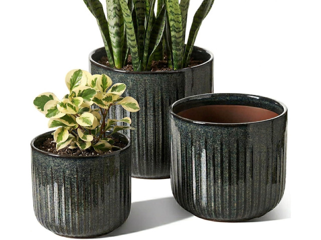 LE TAUCI Ceramic Pots for Plants, 8.3/7/6 Inch Indoor Planters with Drainage Holes & Mesh, Modern Glossy Glaze Cylinder Fluted Plant Pot for Snake...