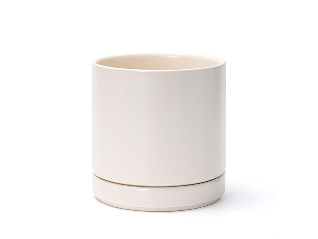 D'vine Dev 6.5 Inch Ceramic Planter Pot with Drainage Hole and Saucer, Indoor Cylinder Round Planter Pot, Oatmeal, 94-O-C-8