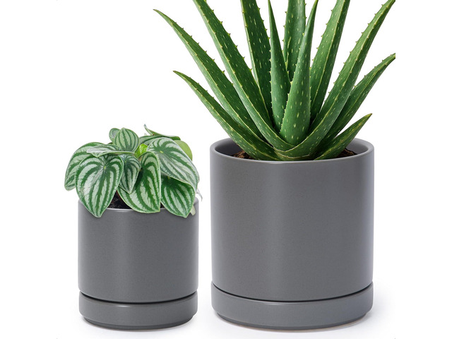 D'vine Dev 4.7 Inch & 6.5 Inch Ceramic Planter Pots for Plants with Drainage Hole and Saucer, Small Plant Pots Set, Speckled Grey, 94-G-S-3