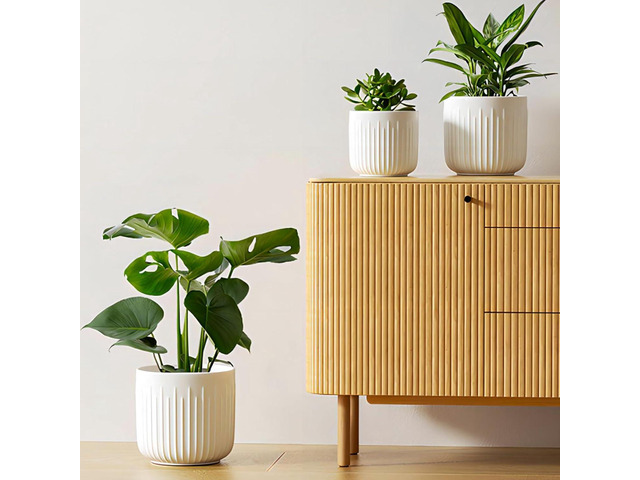 LE TAUCI Ceramic Planters, 8.3/7/6 Inch Indoor Pots for Plants with Drainage Holes & Mesh, Modern Matte Glaze Cylinder Fluted Plant Pot for Snake...