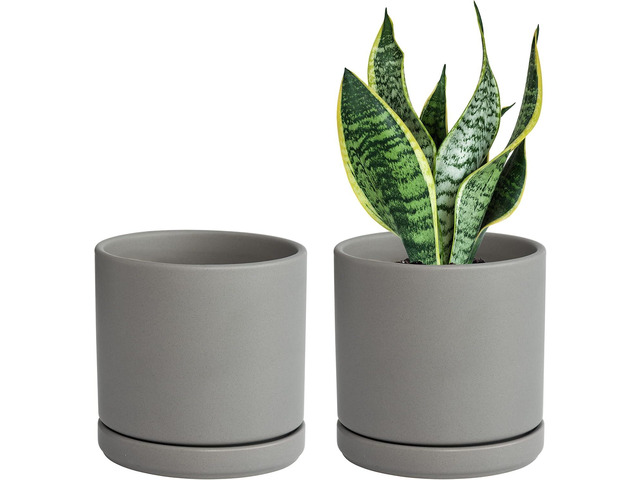 D'vine Dev Set of 2 Plants Pots, 6 Inch Ceramic Planter Pot for Plants with Drainage Hole and Saucer, Speckled Grey, 94-V-C-3