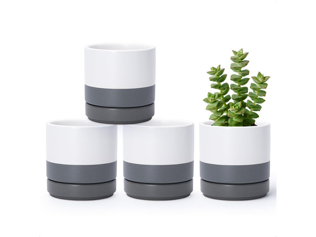 D'vine Dev Set of 4 Small Ceramic Plant Pots, 4.7 Inch Succulent Planter Pot for Plants with Drainage Hole and Saucer, White/Speckled Grey, 94-X-B-6