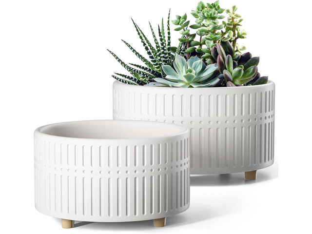 LE TAUCI Succulent Pots, 6.5+8 Inch Ceramic Indoor Plant Pot with Drainage Hole, Shallow Round Succulent Planters, Set of 2, Matte White