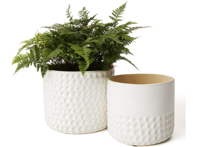La Jolie Muse Ceramic Planter Flower Plant Pots- 6.7+5.5 Inch Concave Dot Patterned Cylinder Flower Pot W/ Drain Hole for Indoor, Set of 2, Ivory
