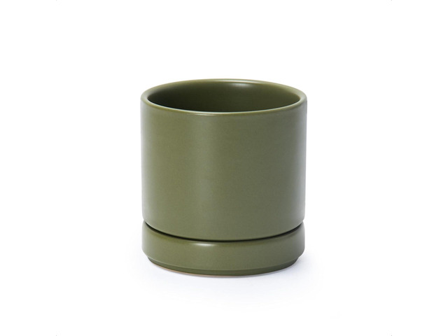 D'vine Dev 4.7 Inch Ceramic Planter Pot with Drainage Hole and Saucer, Indoor Cylinder Round Planter Pot, Olive, 94-O-B-J