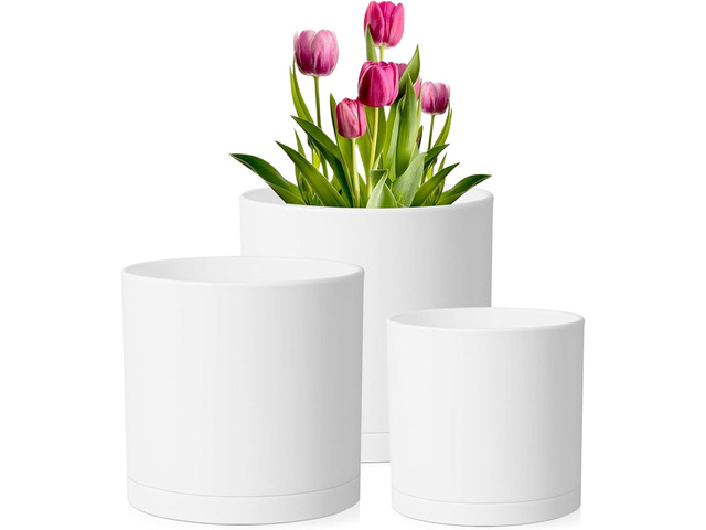 Meowell 8/7/6 inch Plant Pots, Set of 3 Cylinder Flower Pots for Outdoor Indoor Plants, Decorative Plastic Planters with Drainage Holes and Saucers...