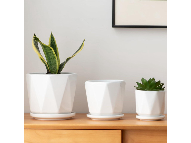 Octagon Ceramic Plant Pots - Indoor White Flower Planter Set with Drainage Holes, 6.5+5.5+4.5 Inch, Modern Decorative Planter Pots for Indoor...