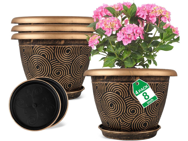 Fodetyff 8 Inch Flower Pots Planters for Indoor Outdoor Plants, 4 Pack Plastic Small Plant Pots with Drainage Hole & Tray, Modern Decorative Garden...