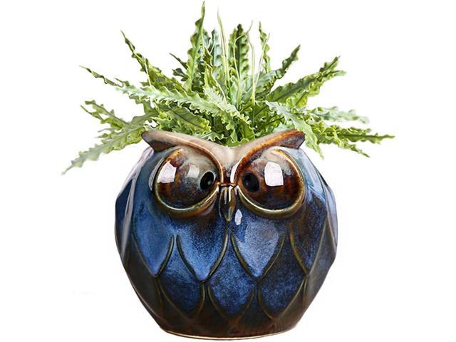 GeLive Blue Owl Ceramic Succulent Planter with Drainage Hole Animal Plant Pot Tabletop Decoration Vase Window Box Indoor Outdoor Decor (Blue)