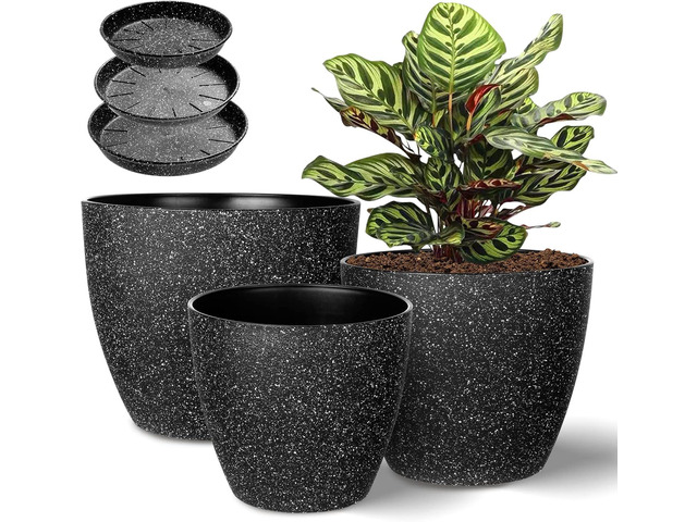 Vanavazon Plant Pots 9/8/7 Inch Set of 3 Flower Pots Indoor Outdoor Plastic Planters with Drainage Hole and Tray (Speckled Black)