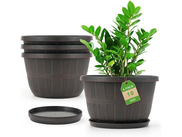 Quarut 10 inch Plastic Flower Pots for Outdoor Plants4 Pack Large Outdoor Planter Pot with Drainage Holes & SaucersImitation Wine Barrel Designfor...