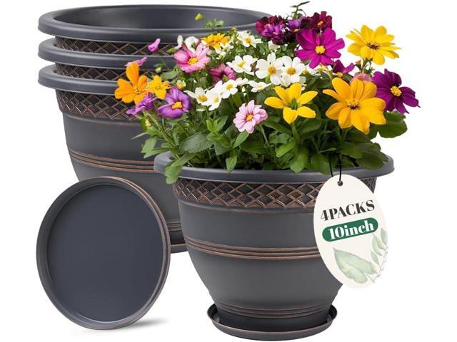 Usocik 10 Inch 4 Pack Plant Pots, Plastic Flower Pot for Indoor & Outdoor with Drainage Holes & Saucer, Plaid Pattern Planters Garden Pots for Herbs